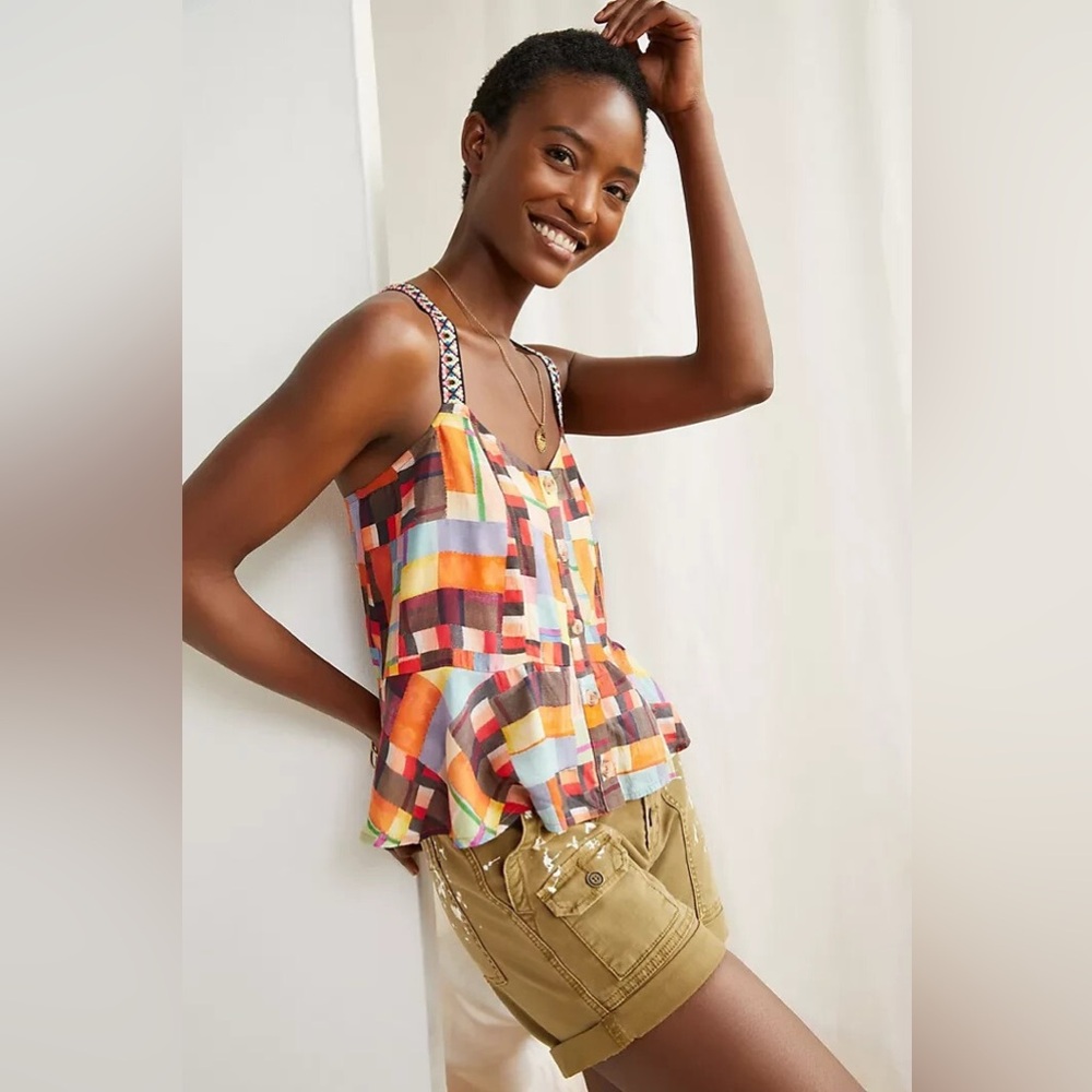 Anthropologie Pilcro Abstract patchwork print Peplum Tank M - Picture 3 of 10